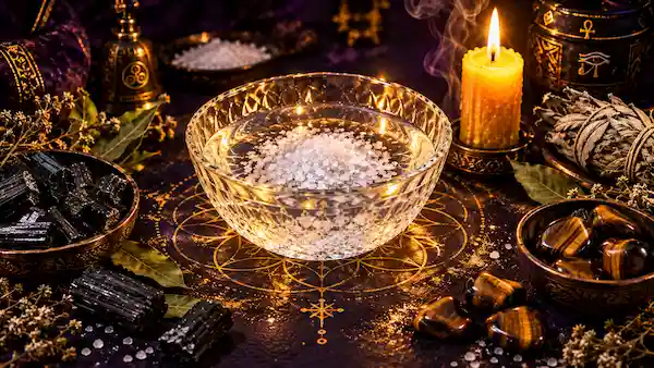Éléments d'un rituel de protection spirituelle avec sel marin, sauge séchée et bougie dorée
